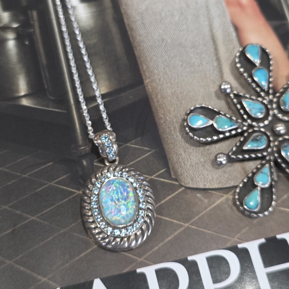 Elegant Sterling Silver and Opal Pendant w/ Aquamarine. - Picture 10 of 10